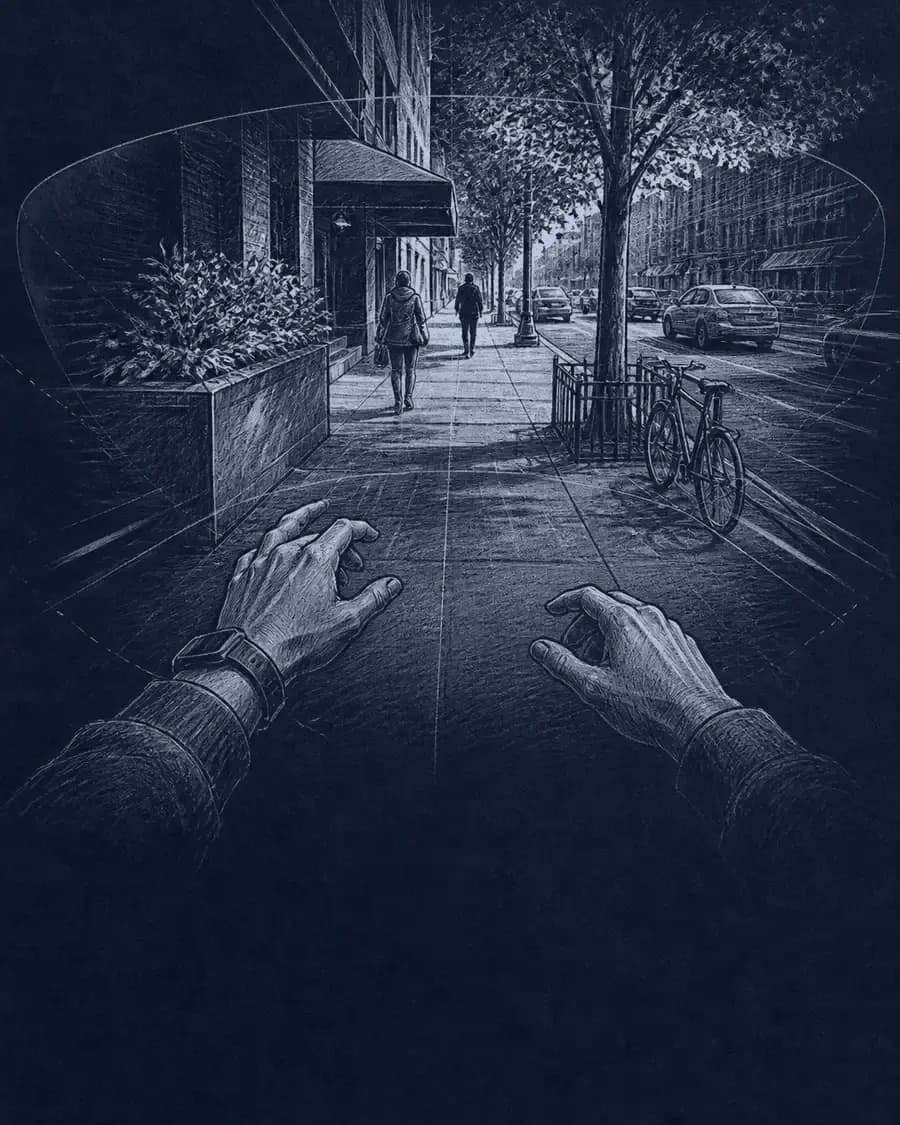 Editorial sketch of a first-person view moving through an urban walkway