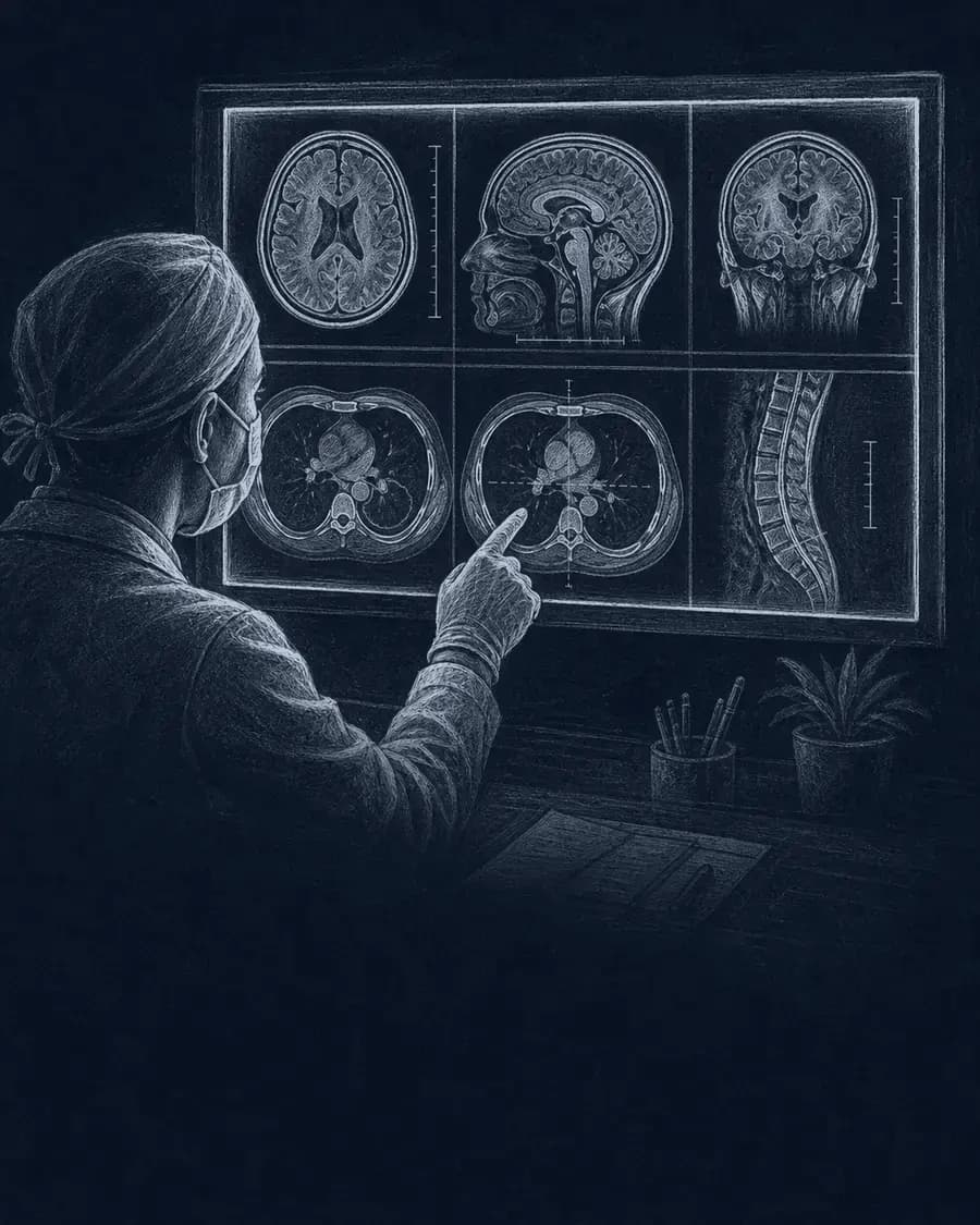 Editorial sketch of a clinician reviewing anonymized medical scans