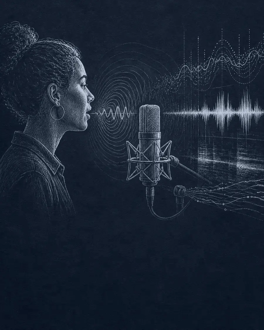 Editorial sketch of a speaker recording voice data with acoustic traces