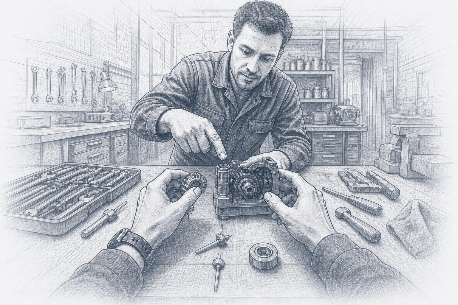First-person pencil sketch of a participant working on a camera with a colleague at a workbench