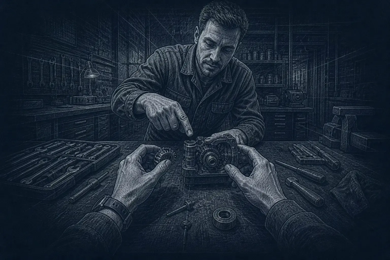 First-person pencil sketch of a participant working on a camera with a colleague at a workbench