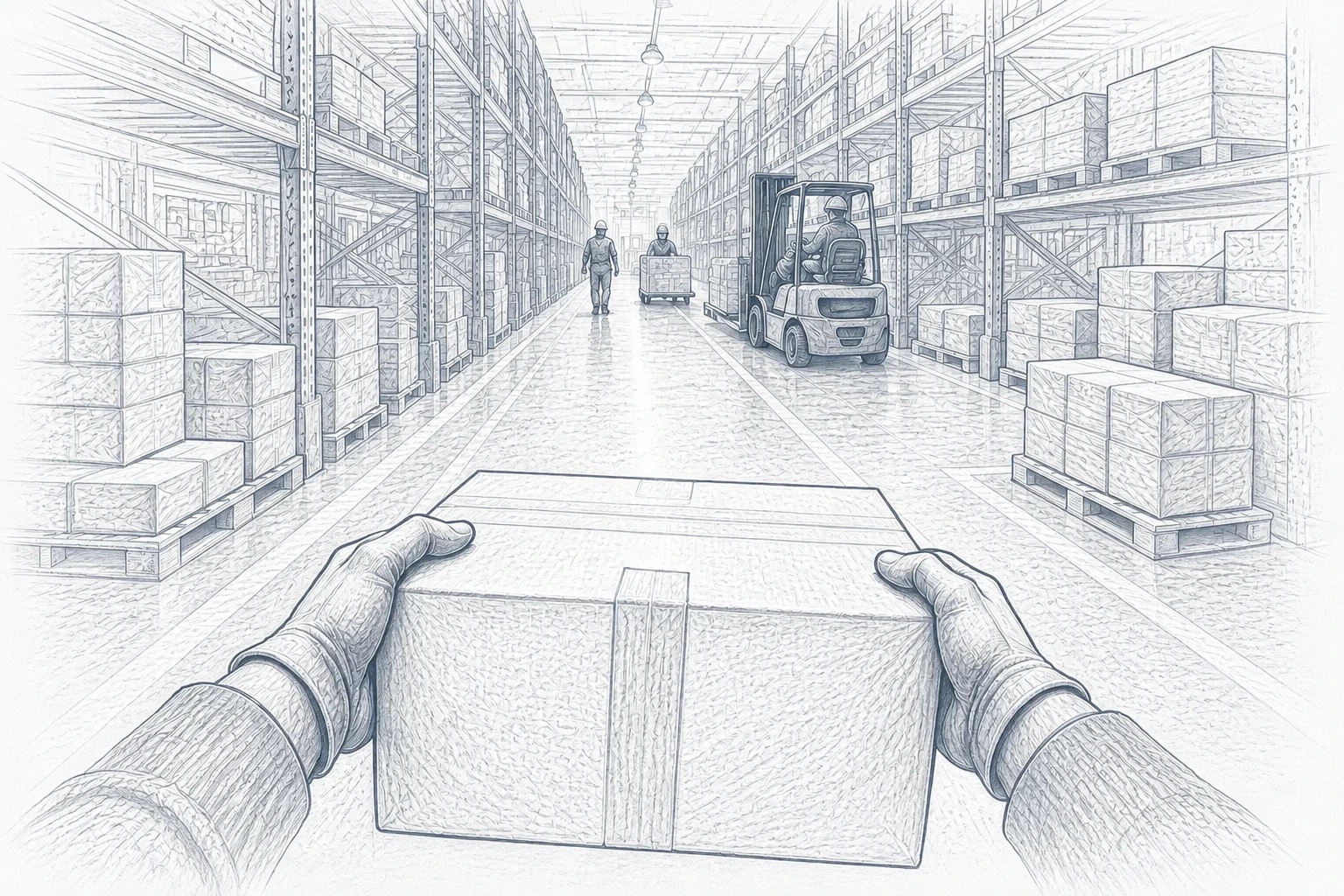 First-person pencil sketch of a person carrying a parcel through warehouse aisles