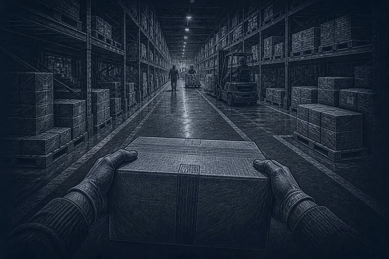 First-person pencil sketch of a person carrying a parcel through warehouse aisles