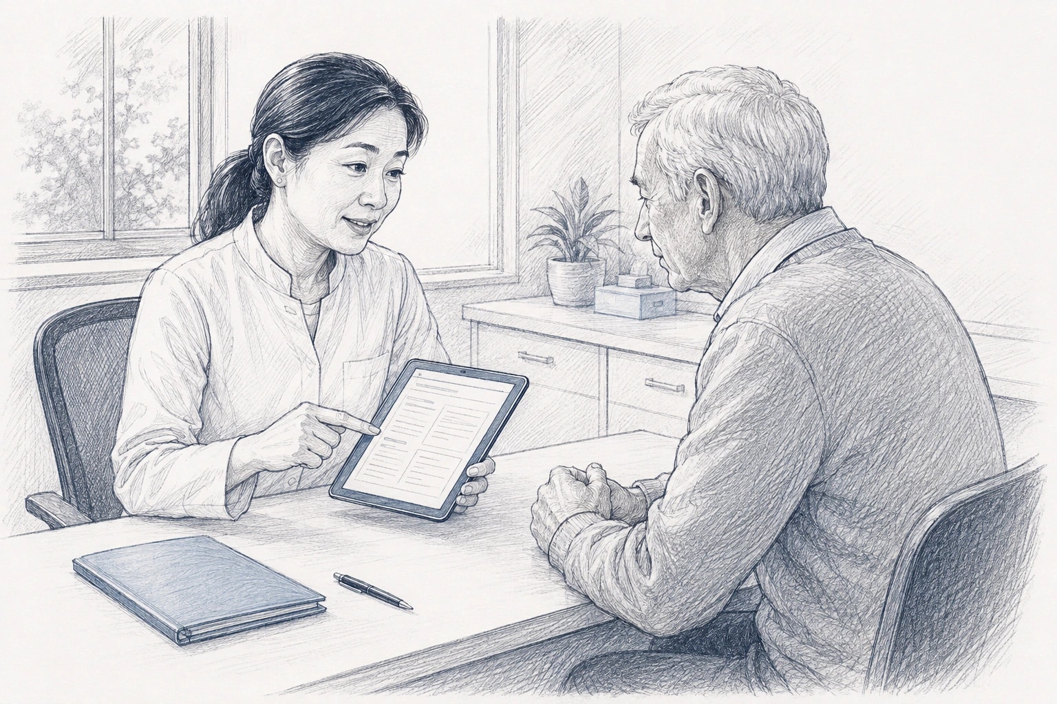 Pencil sketch of a physician discussing a clinical record on a tablet with an older patient