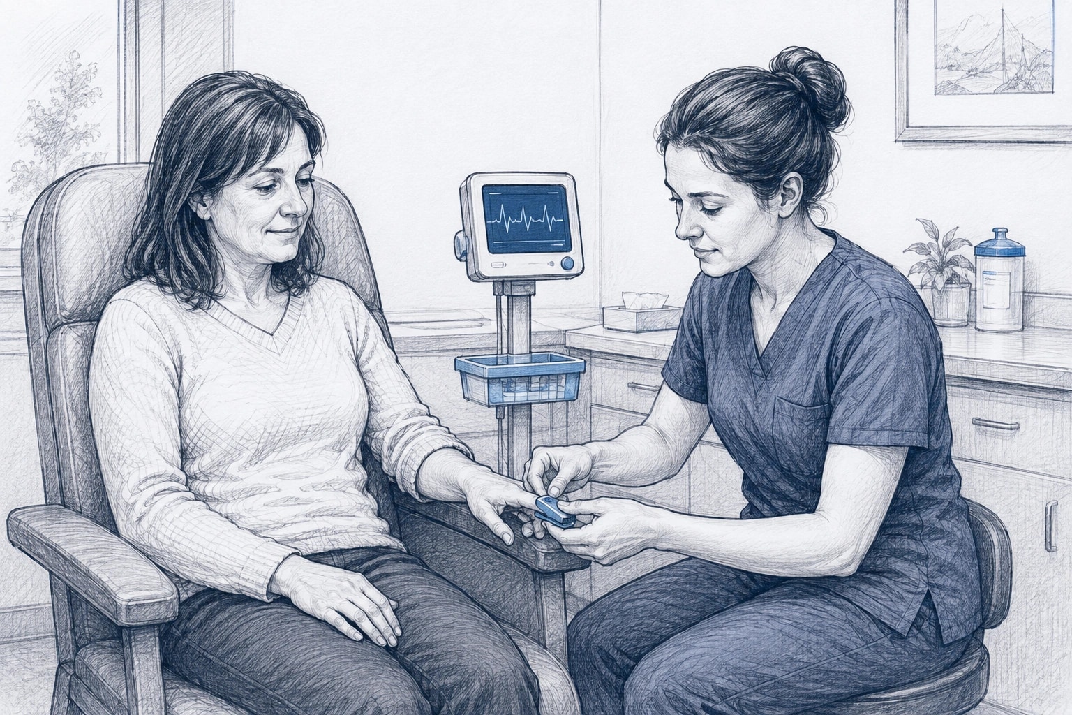 Pencil sketch of a nurse fitting a fingertip sensor to a seated patient beside a small monitor