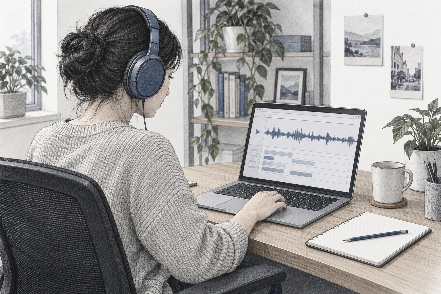 Graphite illustration of an audio annotator wearing headphones and reviewing a waveform and speaker segments on a laptop