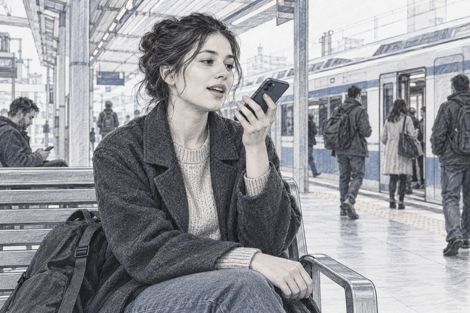 Graphite illustration of a woman recording a voice message on a smartphone while seated at a transit station